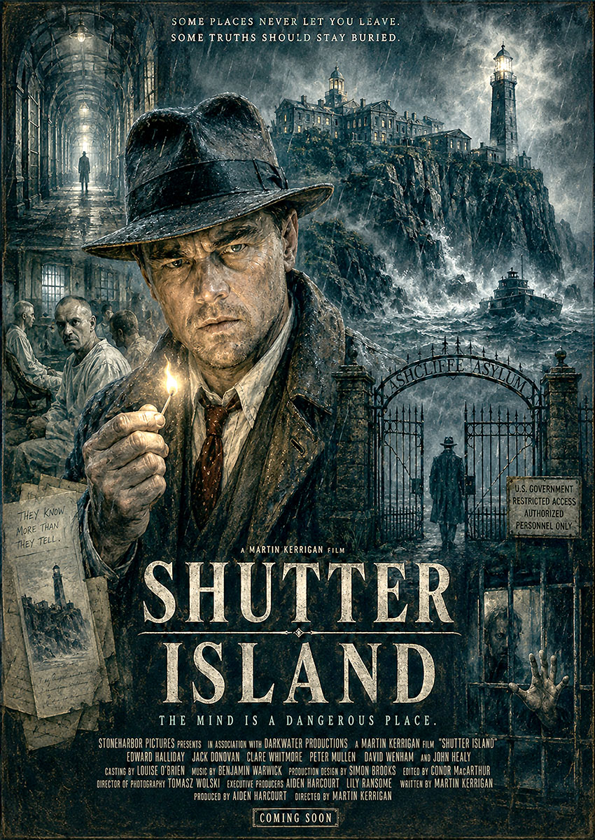 Cinematic Shutter Island film poster artwork featuring a stormy asylum and dark, psychological atmosphere